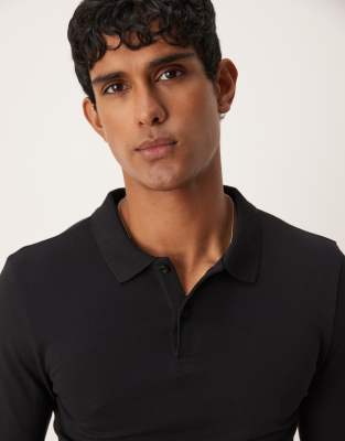 ASOS DESIGN essential muscle pique polo with long sleeves in black