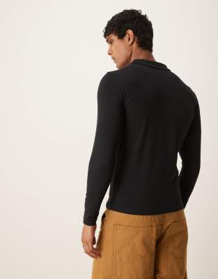 ASOS DESIGN essential muscle pique polo with long sleeves in black