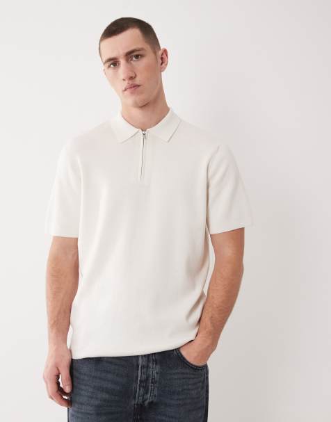 ASOS DESIGN – Essential – Naturvit, stickad pikétröja med dragkedja i bomullsmix - view 1