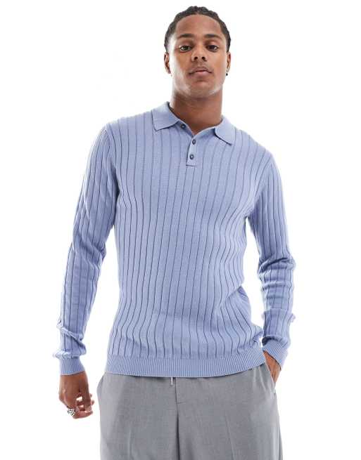 ASOS DESIGN Essential – Niebieski prążkowany sweter dzianinowy o kroju podkreślającym sylwetkę z kołnierzykiem polo