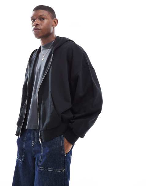 ASOS DESIGN essential oversized boxy zip up hoodie in black - view 1