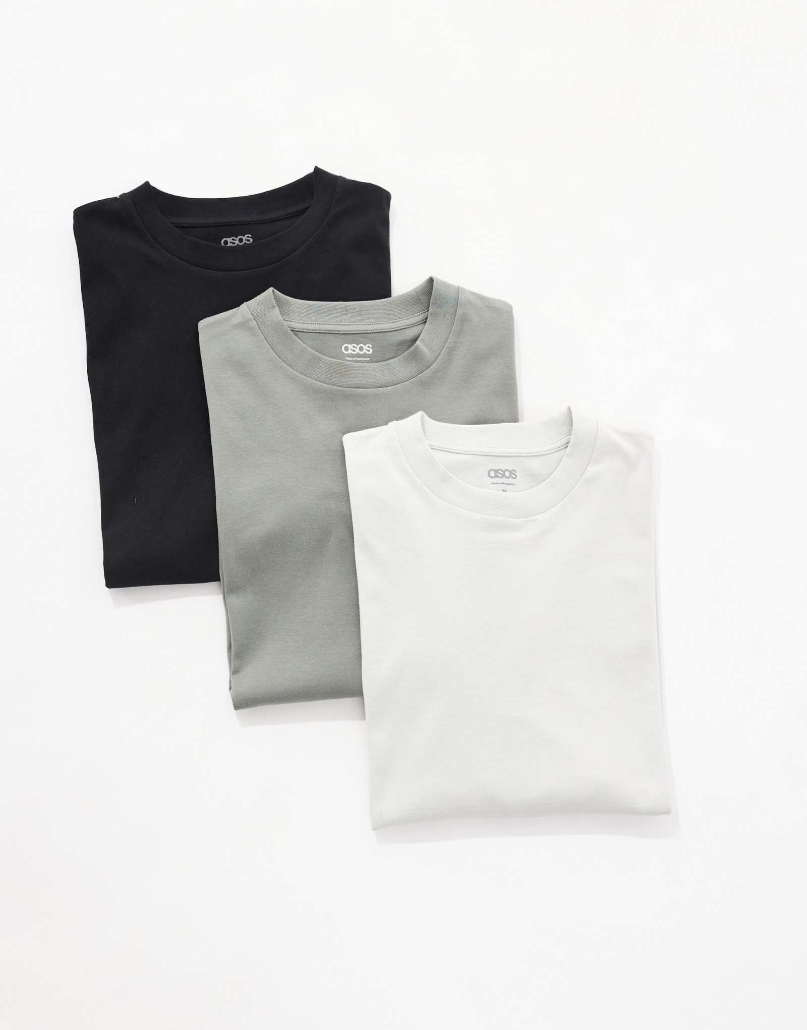 Футболки ASOS DESIGN essential большого размера с круглым вырезом горловины, 3 упаковки черного, зеленого и серого цветов    