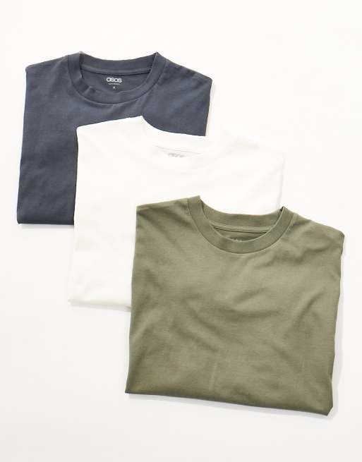 ASOS DESIGN essential oversized crew T-shirt in 3 pack in cream, charcoal and khaki