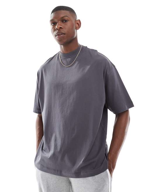 ASOS DESIGN essential oversized high neck t-shirt in charcoal   