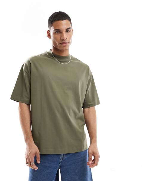 ASOS DESIGN essential oversized high neck t-shirt in khaki - view 1