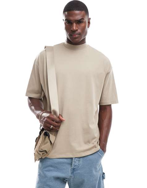 ASOS DESIGN essential oversized high neck t-shirt in stone - view 1