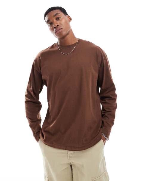 ASOS DESIGN essential oversized t-shirt with long sleeves in brown - view 1