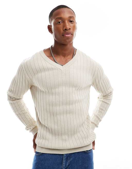 ASOS DESIGN Essential – Owsiany prążkowany sweter dzianinowy o kroju podkreślającym sylwetkę z dekoltem w szpic