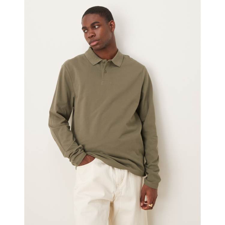 ASOS DESIGN essential pique polo with long sleeves in khaki