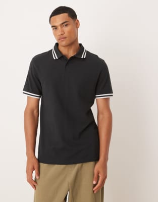 ASOS DESIGN essential pique polo with white tipping in black - view 1