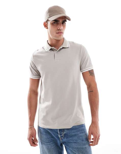 ASOS DESIGN essential pique polo with white tipping in stone - view 1