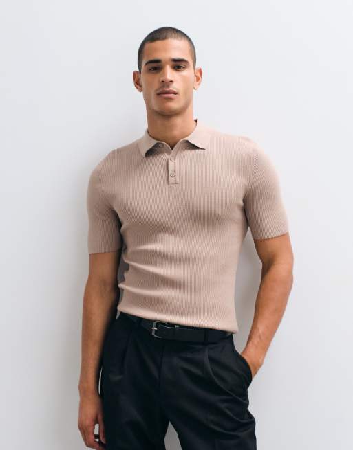 ASOS DESIGN - Essential - Polo attillata in maglia a costine color tortora