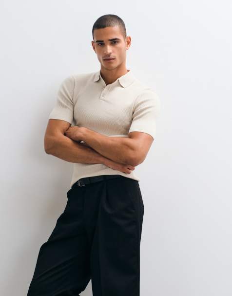 ASOS DESIGN - Essential - Polo attillata in maglia color pietra a costine - view 1