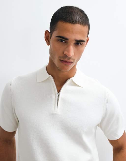 ASOS DESIGN - Essential - Polo in maglia di misto cotone écru con zip, 4 di 5