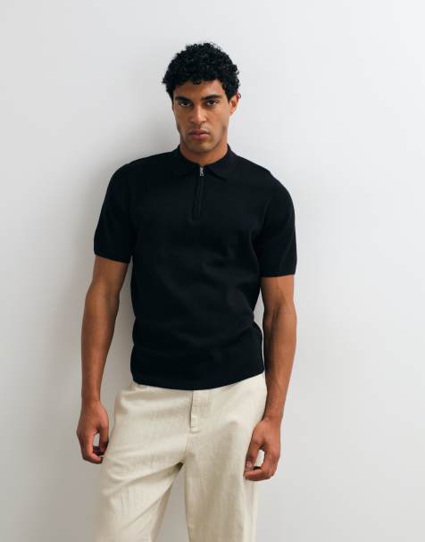 ASOS DESIGN - Essential - Polo in maglia di misto cotone nera con zip  - view 1