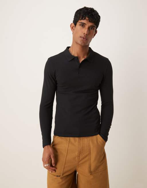 ASOS DESIGN - Essential - Polo piqué attillata nera a maniche lunghe