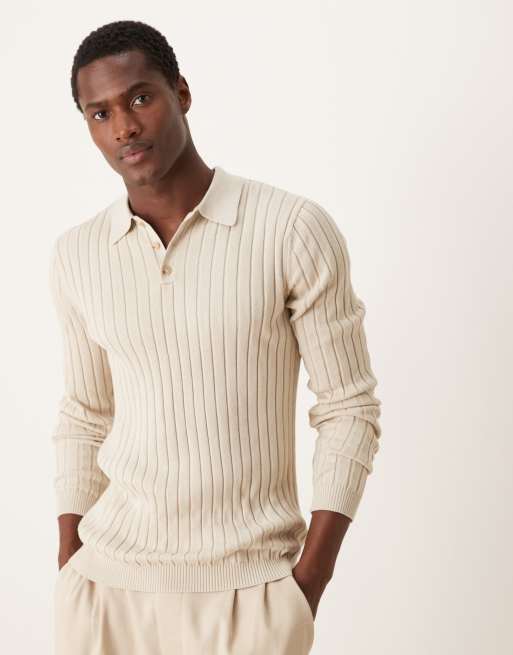 ASOS DESIGN – Essential – Prążkowany dzianinowy sweter o kroju podkreślającym sylwetkę z kołnierzykiem polo w owsianym kolorze