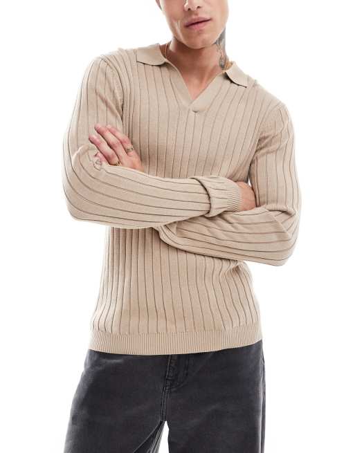 ASOS DESIGN - Essential - Pull moulant en maille côtelée avec encolure crantée - Taupe