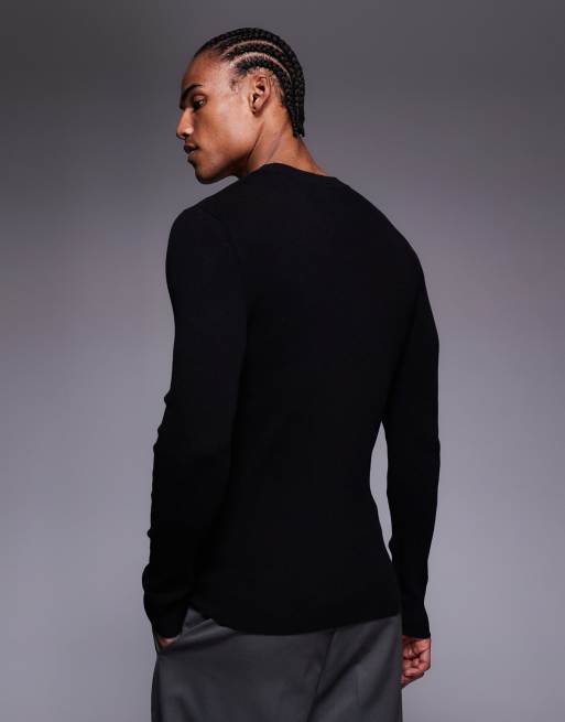 ASOS DESIGN - Essential - Pull ras de cou moulant en maille à fines côtes - Noir, 3 de 5