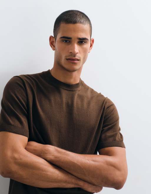 ASOS DESIGN Essential relaxed fine-knit crew-neck t-shirt in brown, 2 of 5