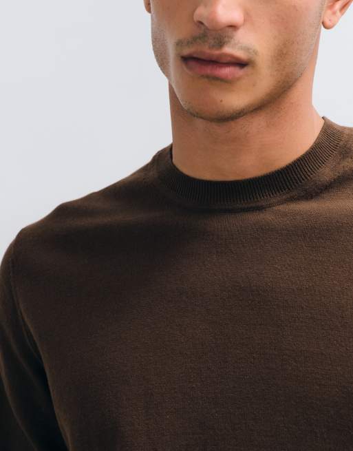 ASOS DESIGN Essential relaxed fine-knit crew-neck t-shirt in brown, 5 of 5