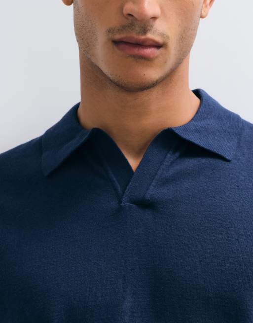 ASOS DESIGN Essential relaxed fine-knit notch neck polo shirt in navy, 2 of 5