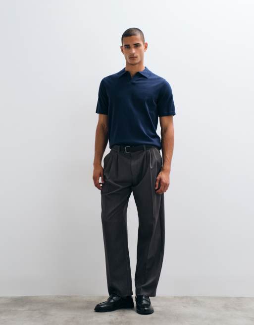 ASOS DESIGN Essential relaxed fine-knit notch neck polo shirt in navy, 3 of 5