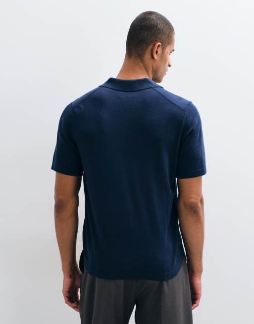 ASOS DESIGN Essential relaxed fine-knit notch neck polo shirt in navy, 4 of 5