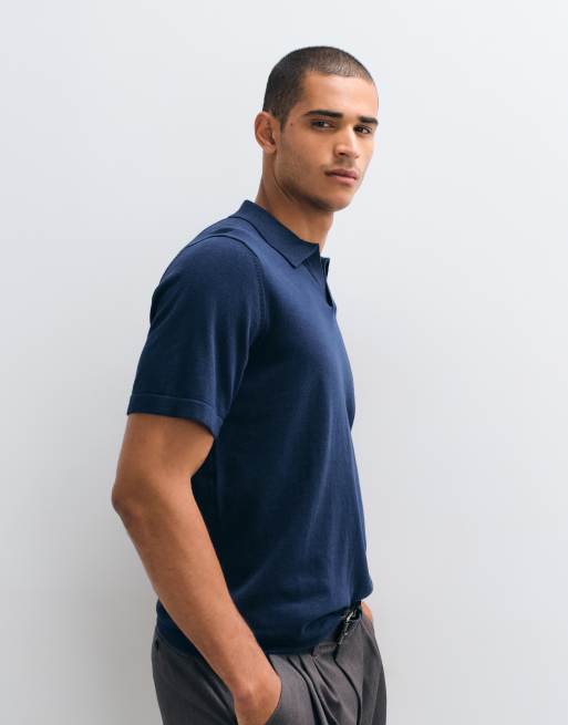 ASOS DESIGN Essential relaxed fine-knit notch neck polo shirt in navy, 5 of 5