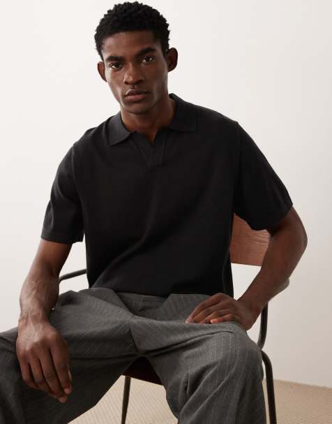 ASOS DESIGN Essential relaxed fine-knit notch polo in black - view 1