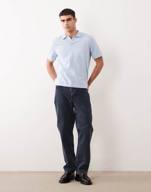 ASOS DESIGN Essential relaxed fine-knit notch polo in blue, 4 of 5