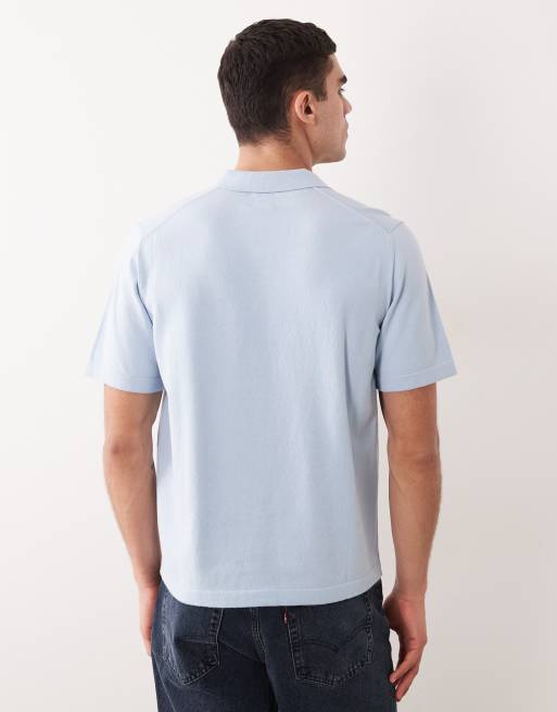 ASOS DESIGN Essential relaxed fine-knit notch polo in blue, 5 of 5