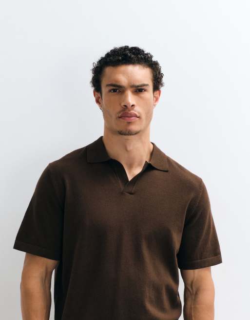 ASOS DESIGN Essential relaxed fine-knit notch polo in brown, 3 of 7