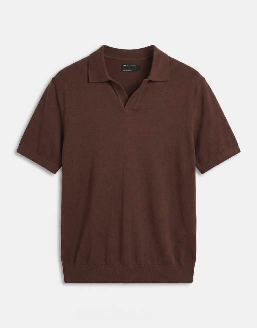 ASOS DESIGN Essential relaxed fine-knit notch polo in brown, 6 of 7