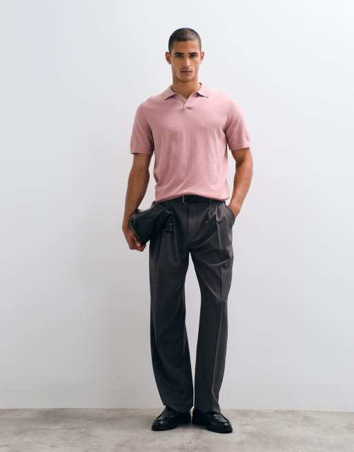 ASOS DESIGN Essential relaxed fine-knit notch polo in pink, 3 of 5