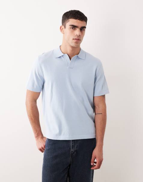 ASOS DESIGN – Essential – Relaxed-Fit-Polohemd aus Feinstrick in Blau mit eingekerbtem Ausschnitt - view 1