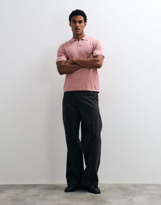 ASOS DESIGN – Essential – Relaxed-Fit-Polohemd aus Feinstrick in Rosa mit eingekerbtem Ausschnitt, 2 von 5