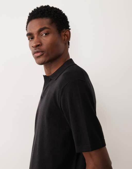 ASOS DESIGN – Essential – Relaxed-Fit-Polohemd aus Feinstrick in Schwarz mit eingekerbtem Ausschnitt, 4 von 5