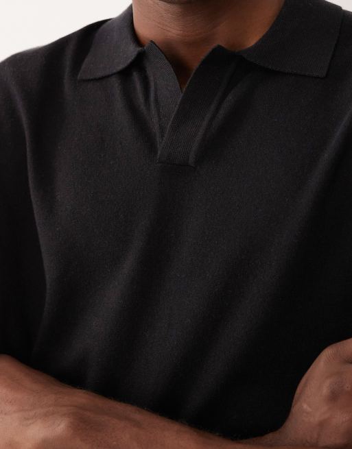ASOS DESIGN – Essential – Relaxed-Fit-Polohemd aus Feinstrick in Schwarz mit eingekerbtem Ausschnitt, 5 von 5