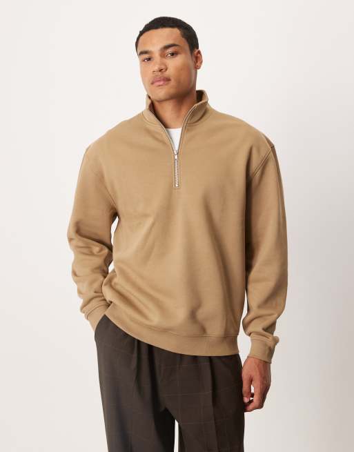 ASOS DESIGN essential relaxed fit quarter zip sweatshirt in beige