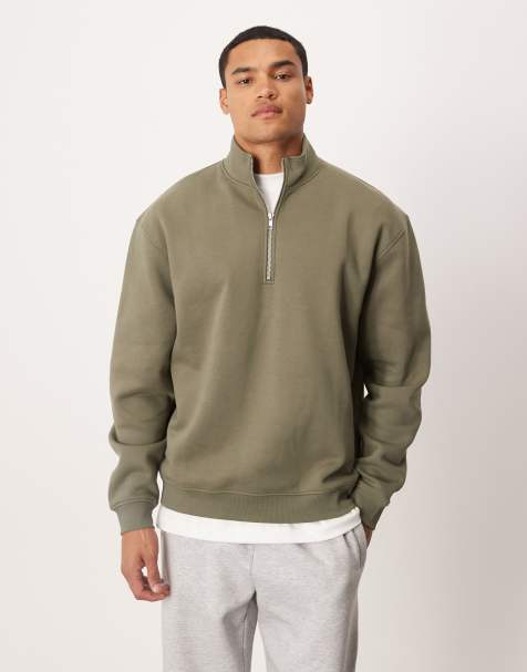 ASOS DESIGN – Essential – Relaxed-Fit-Sweatshirt in Khaki mit kurzem Reißverschluss - view 1
