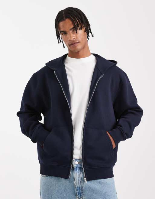 ASOS DESIGN essential relaxed fit zip up hoodie in navy