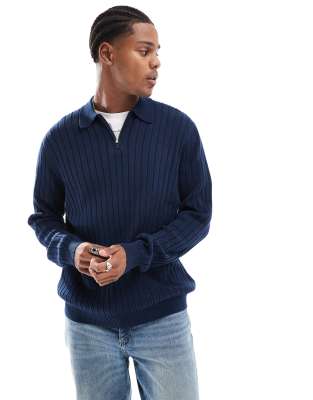 ASOS DESIGN ESSENTIAL MUSCLE FIT KNITTED RIB QUARTER ZIP POLO SWEATER 