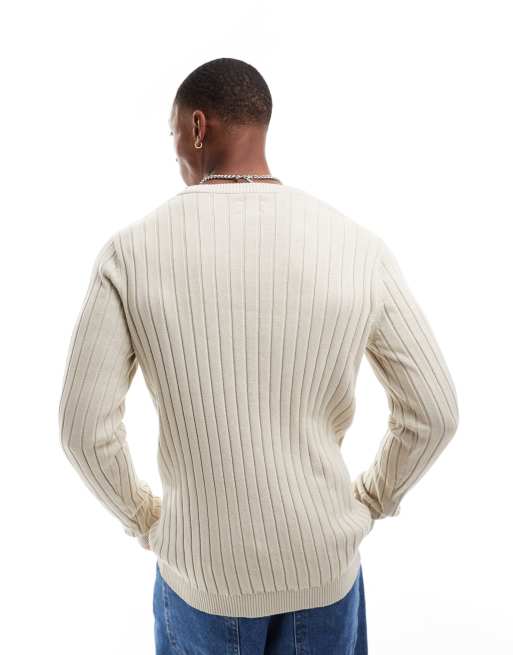 ASOS DESIGN - Essential - Ribgebreide muscle fit trui met V-hals in lichtbeige, 2 van 4