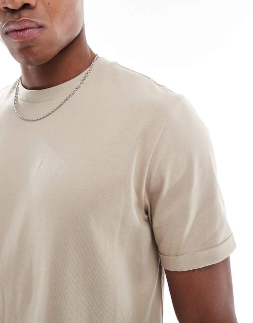 ASOS DESIGN essential roll sleeve T-shirt with crew neck in stone 