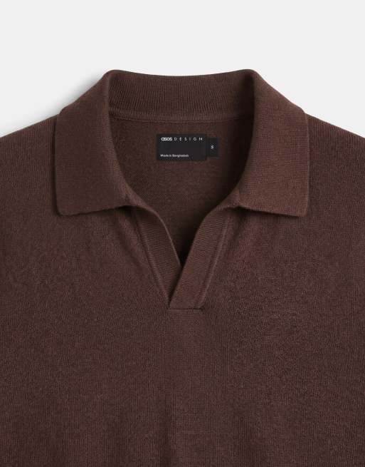 ASOS DESIGN - Essential - Ruimvallende fijngebreide polo met inkeping in bruin, 8 van 9