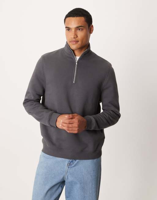 ASOS DESIGN essential standard fit quarter zip sweatshirt in washed grey