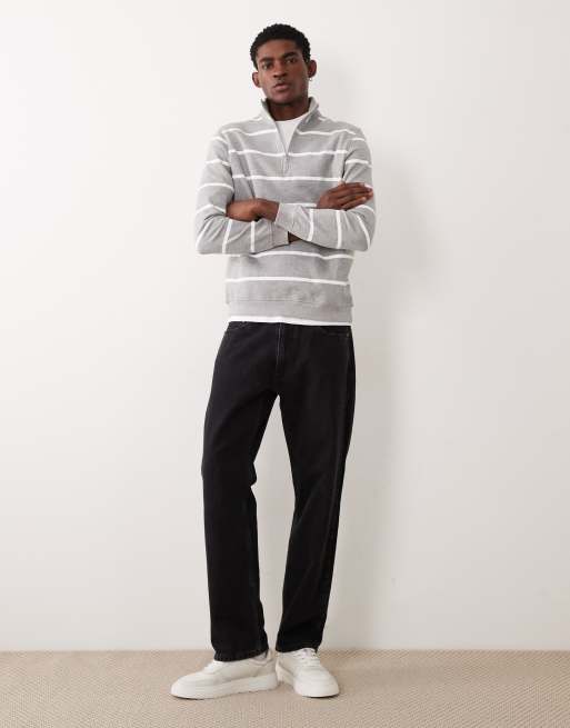 ASOS DESIGN essential striped half zip sweatshirt in heather gray, 2 of 5