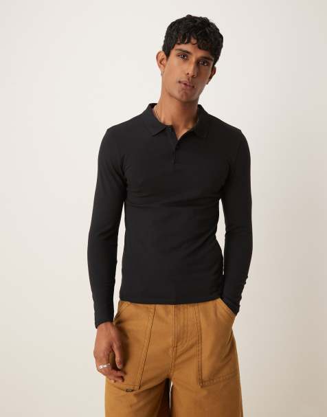 ASOS DESIGN – Essential – Svart pikétröja med långa ärmar i muscle fit - view 1