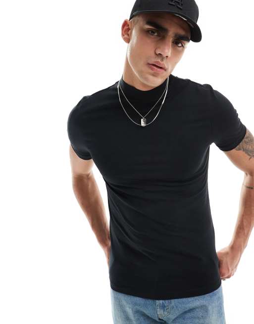 ASOS DESIGN – Essential – Svart t-shirt i muscle fit med hög krage